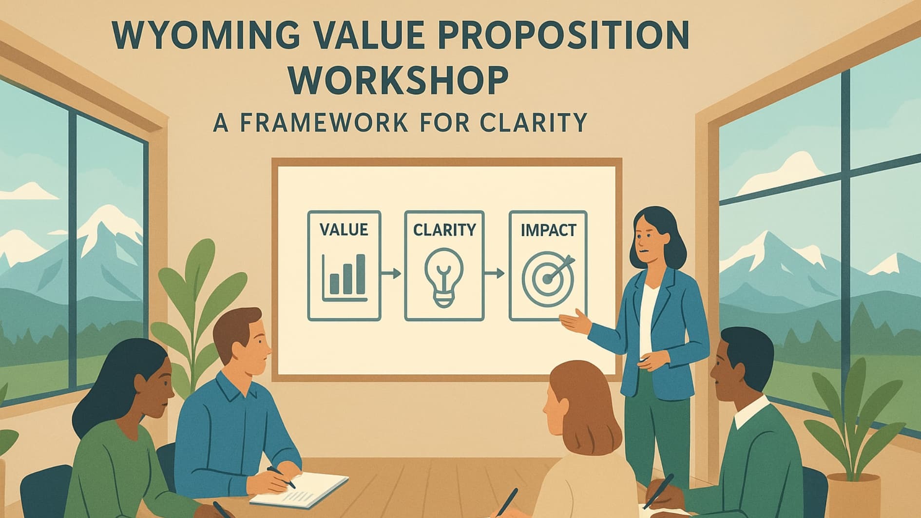 Workshop setting illustrating Unique Value Proposition (UVP) Crafting framework session with professionals in Wyoming.