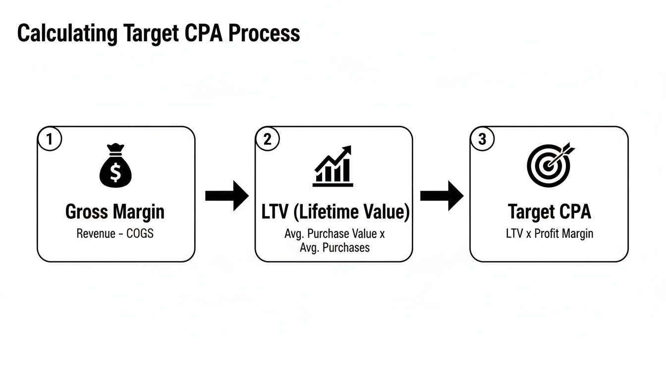 Flowchart detailing the calculation of Target CPA, moving from Gross Margin to Lifetime Value.