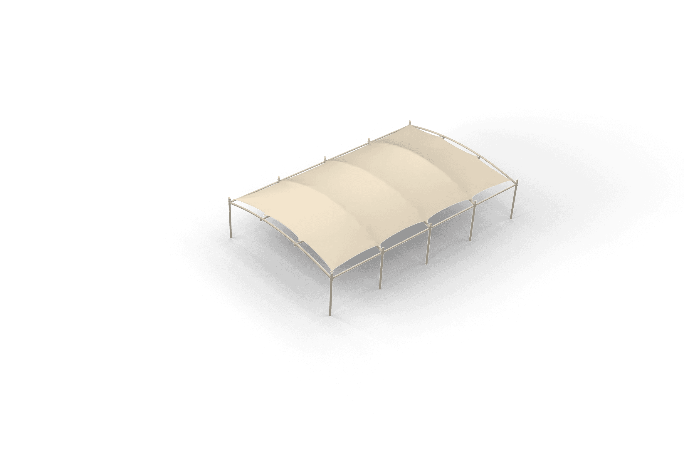 Roof construction on a frame with four curved, beige fabric panels.