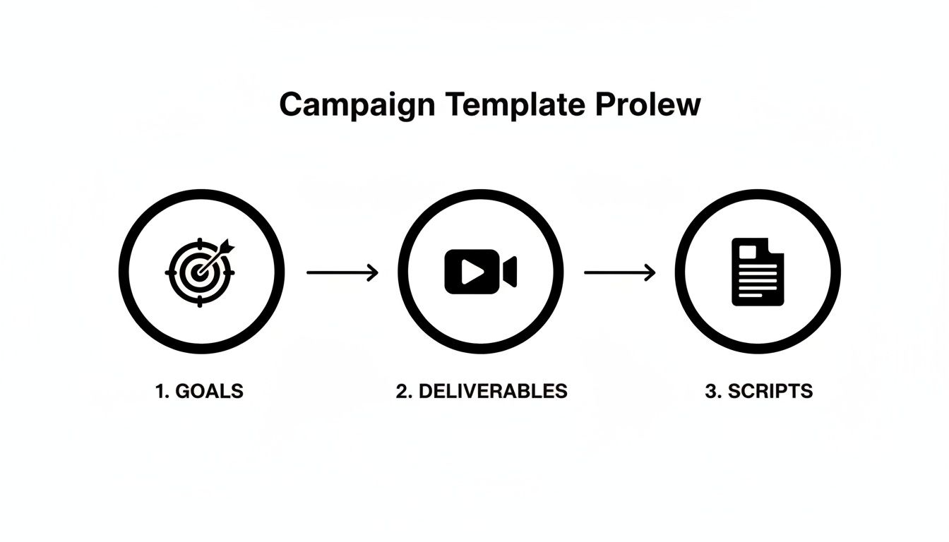 A campaign template workflow diagram showing three sequential steps: Goals, Deliverables, and Scripts.