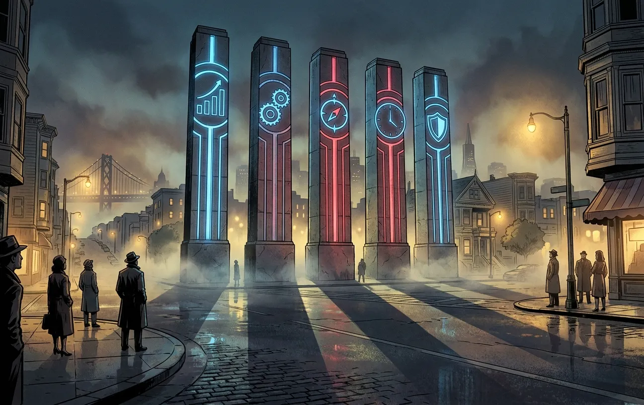 RockN' Socials digital marketing icons illuminate a foggy cityscape.