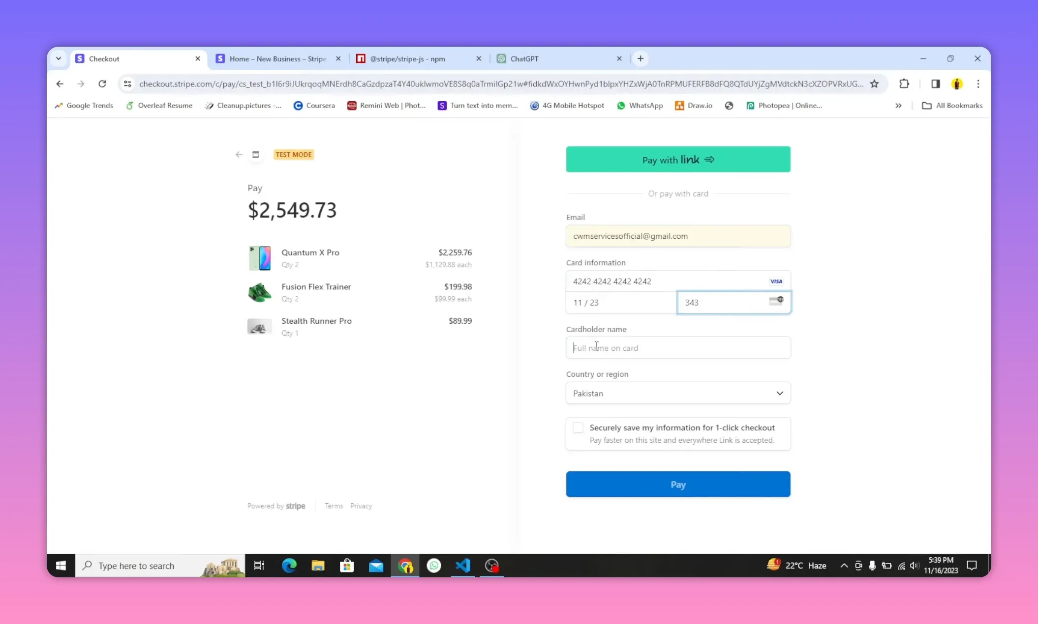 Stripe Checkout page showing order summary and test card details (4242 4242 4242 4242) entered in the card fields