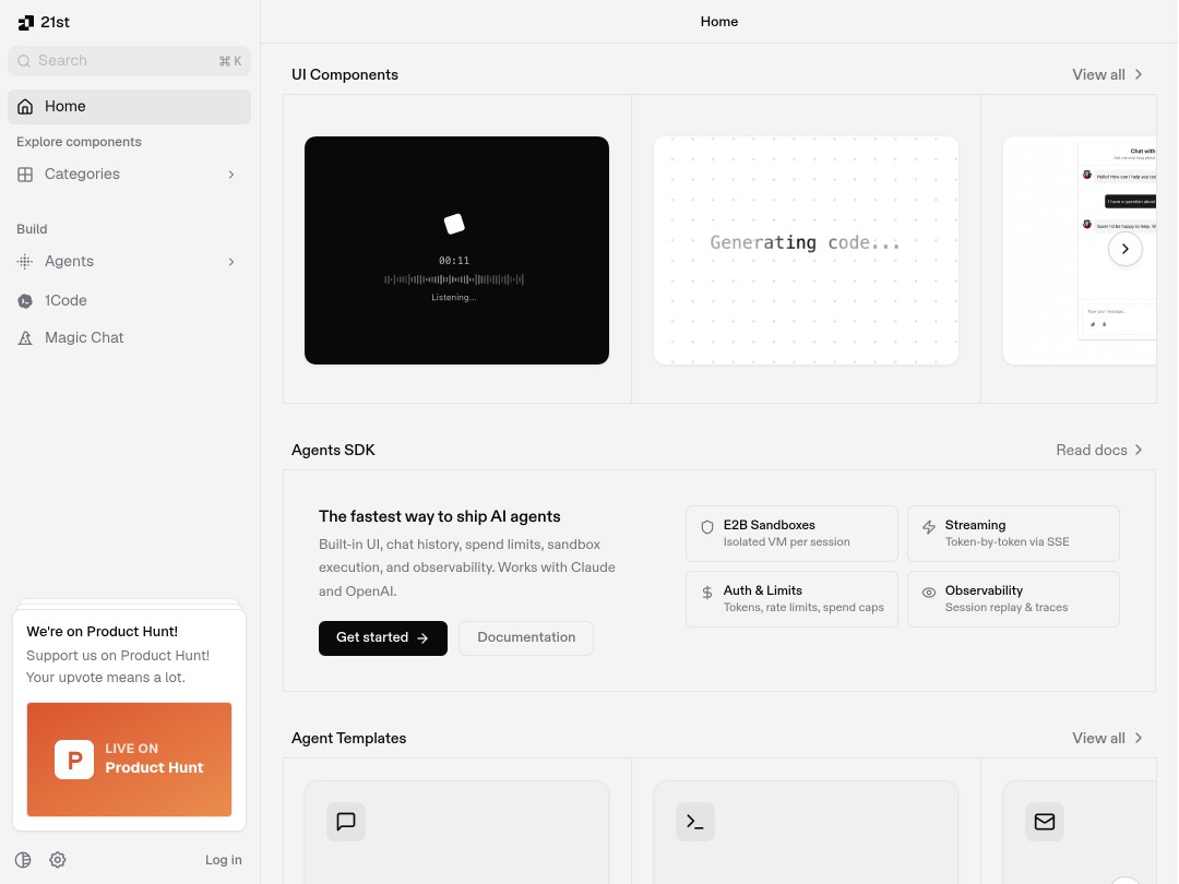AI platform interface with code generation and AI agent shipping details.
