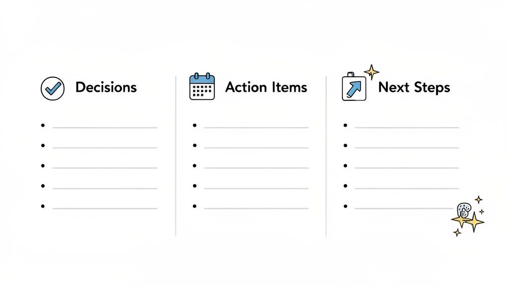 A minimalist template organizing decisions, action items, and next steps with icons and bullet points.