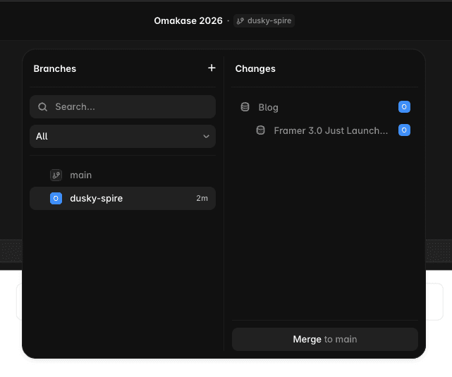 Framer canvas Branches popover showing the main branch and an isolated 'dusky-spire' branch with a Merge to main button