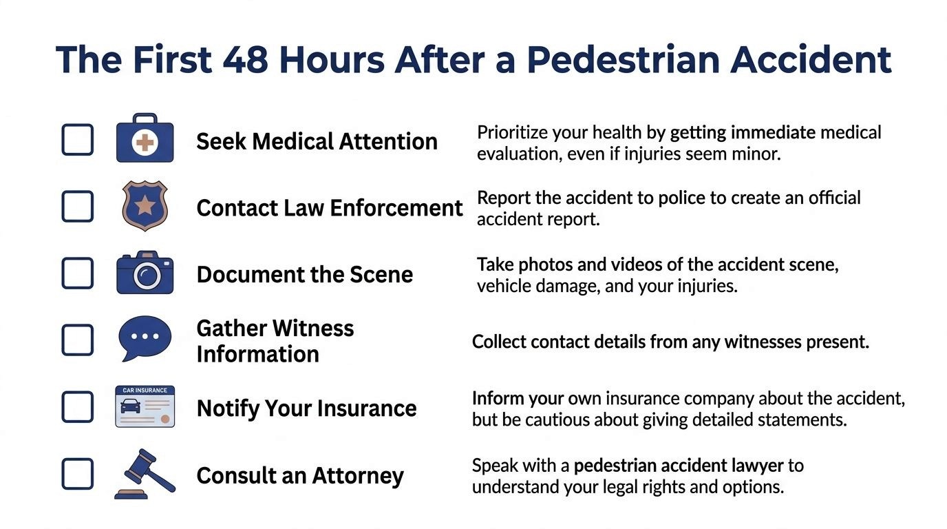 A checklist infographic titled The First 48 Hours After a Pedestrian Accident outlining six recommended emergency steps.