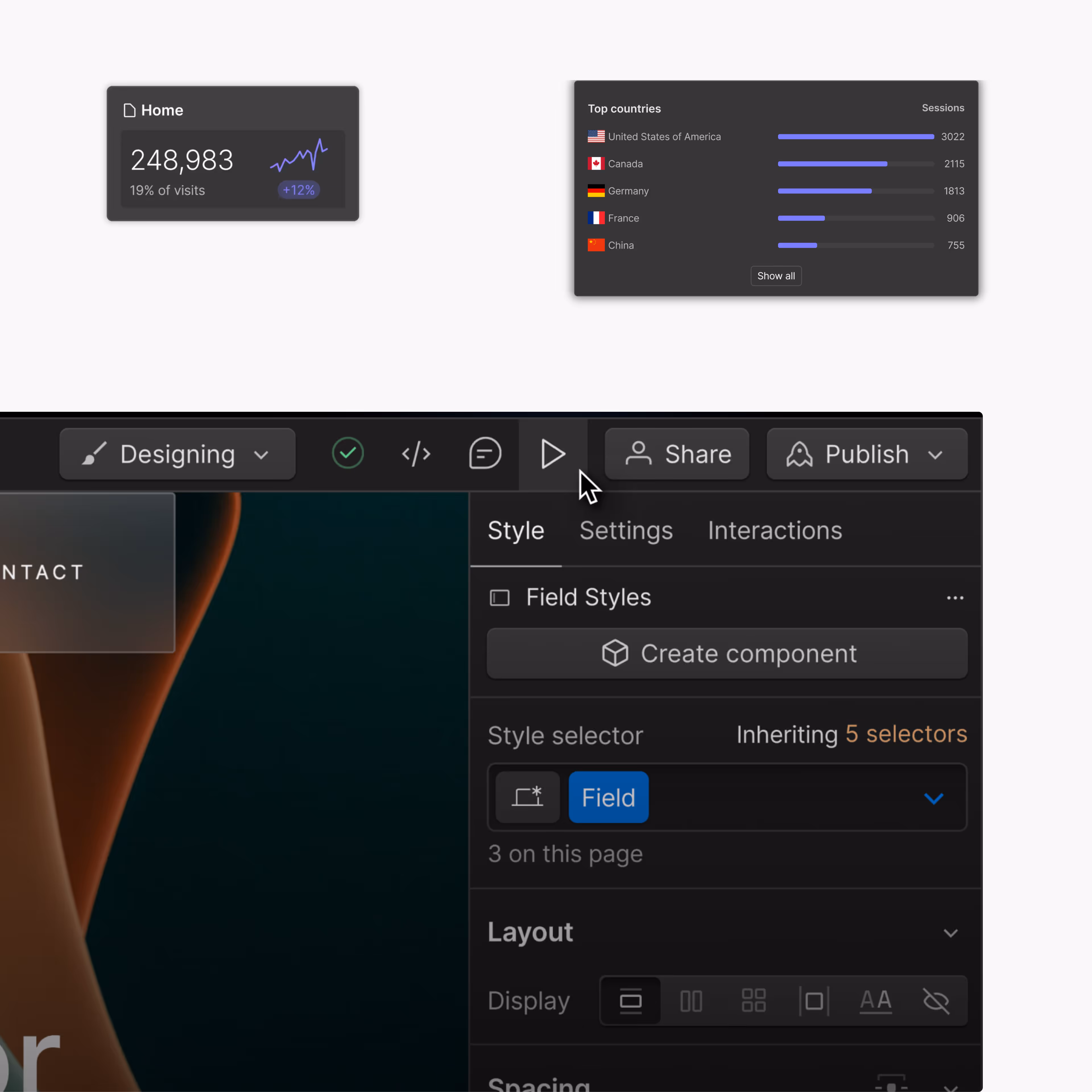 Analytics dashboards and design tooling collage