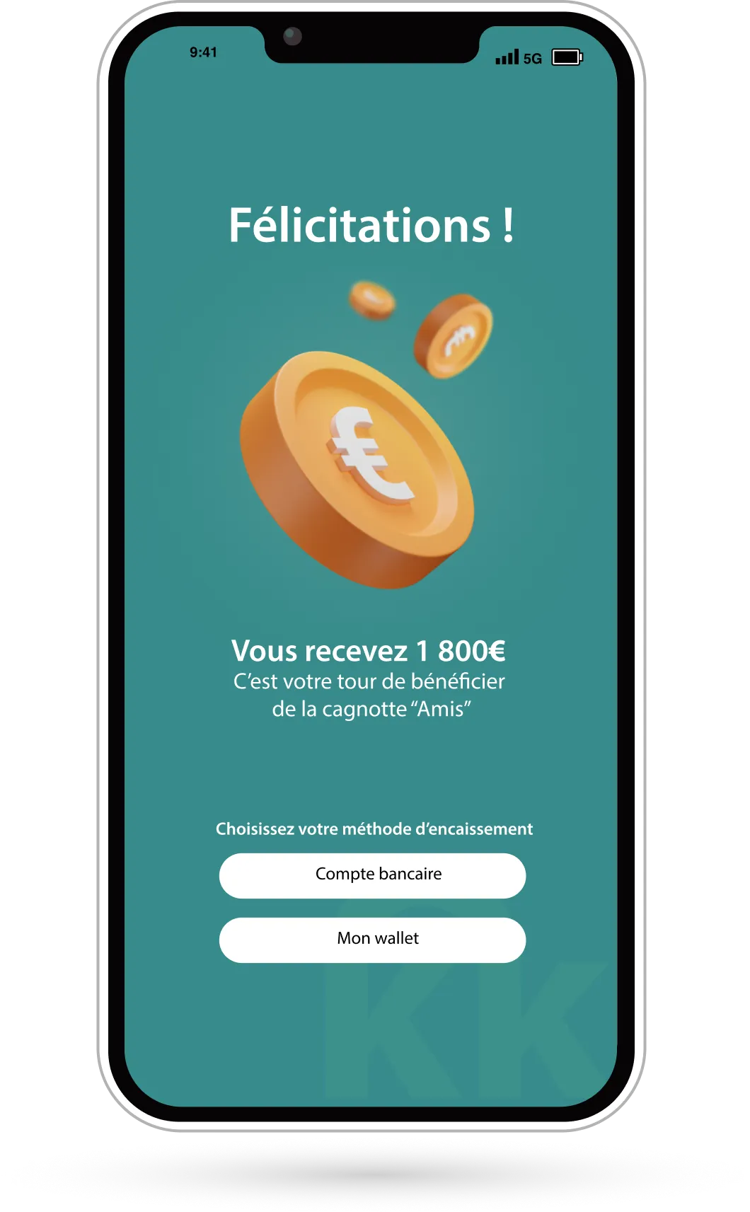 Écran de l’application Cirkkle d'un utilisateur qui récupère la cagnotte