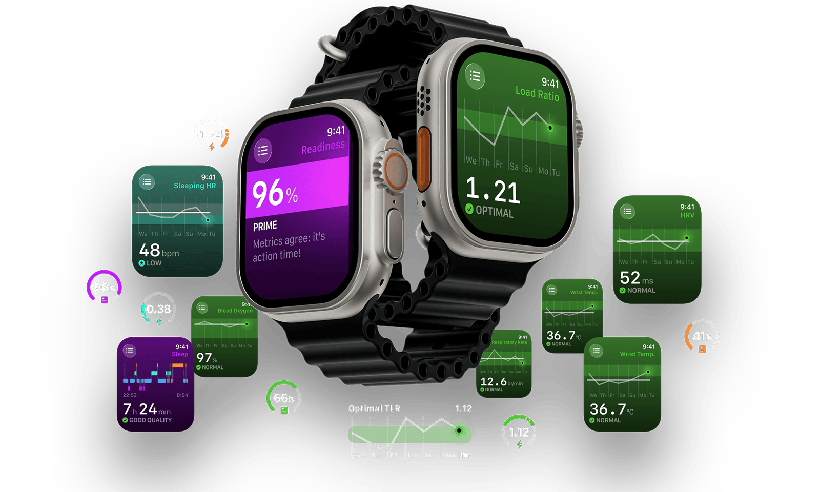 The Outsiders Apple Watch app complications for training and recovery tracking. Watch face shows Training Readiness at 96% (prime), training load ratio 0.84 (optimal), sleep duration 8h 39min (good), sleeping heart rate 45 bpm (low), blood oxygen 97% (normal), respiratory rate 11.5 br/min (normal), wrist temperature 36.3°C (normal), and HRV 52ms (elevated). Designed for cyclists, runners, and endurance athletes to monitor daily readiness and recovery metrics.