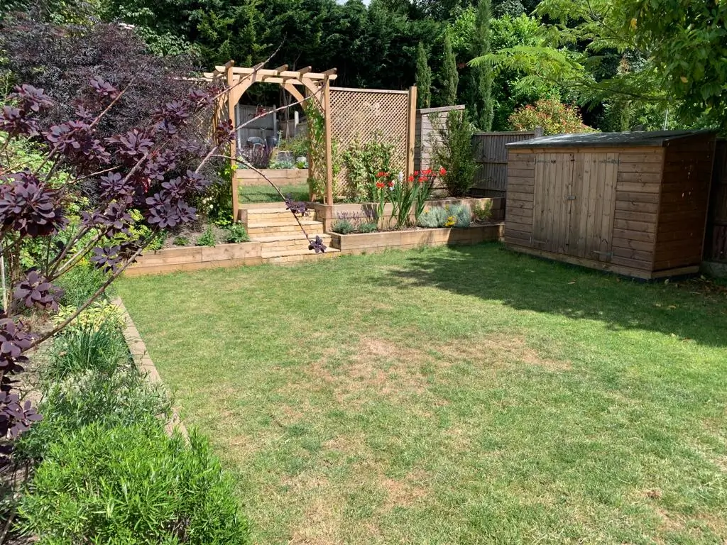 A sunny garden featuring green grass, a stone pathway, and lush plants along a wooden fence.