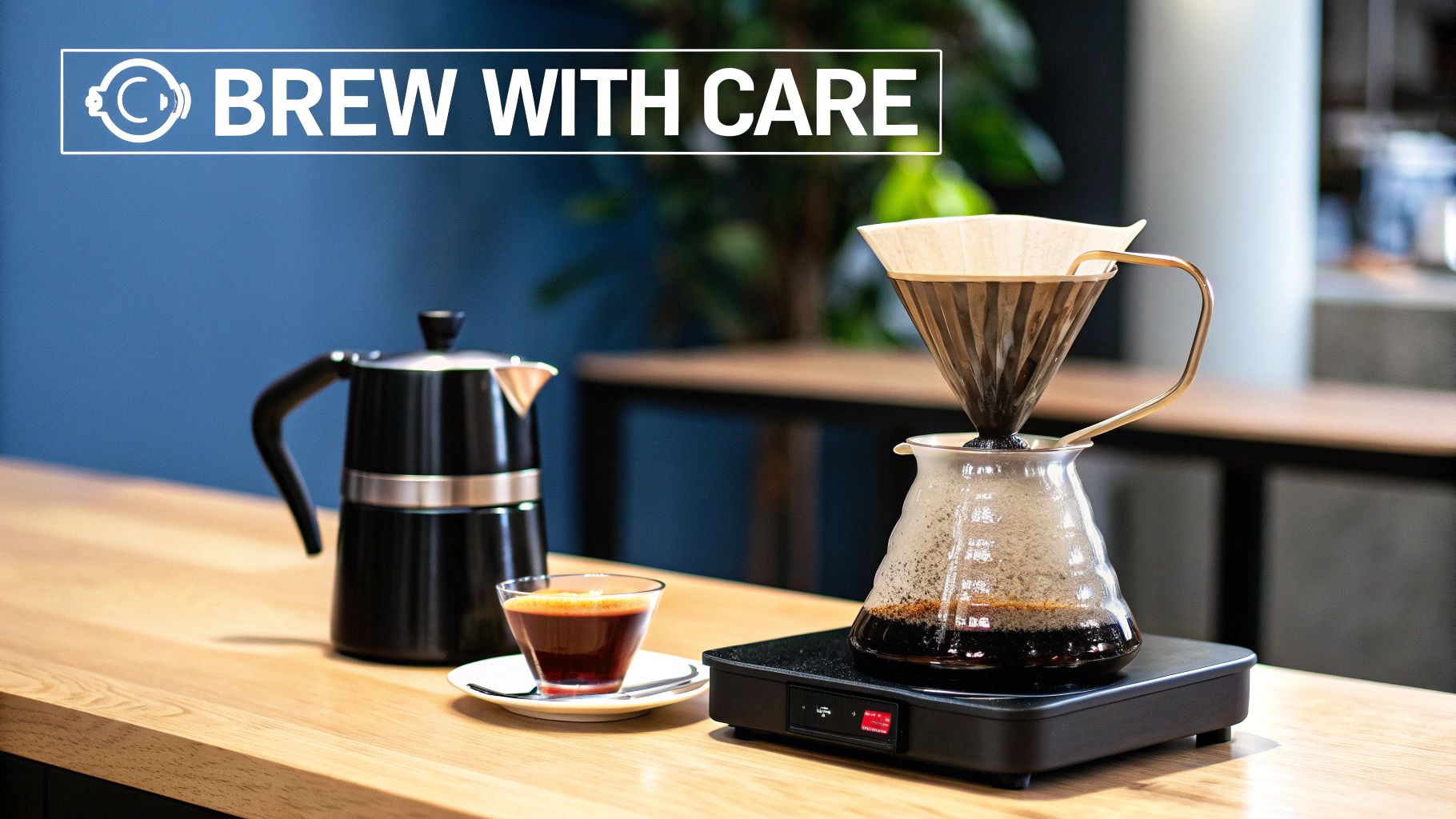 Coffee brewing setup with a moka pot, pour-over, and a freshly brewed cup on a wooden table.