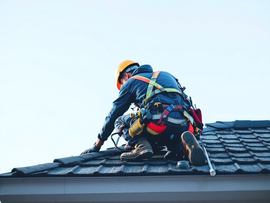 A worker is seen from behind, crouching on a roof while wearing a safety harness and helmet.
