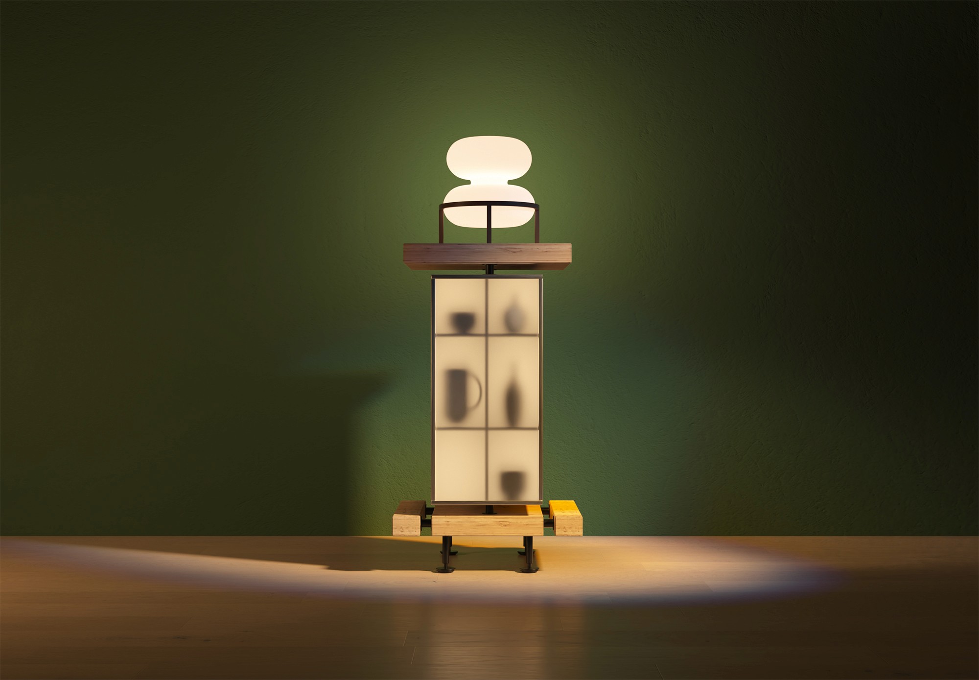 3D render of light and furniture piece with ceramics inside