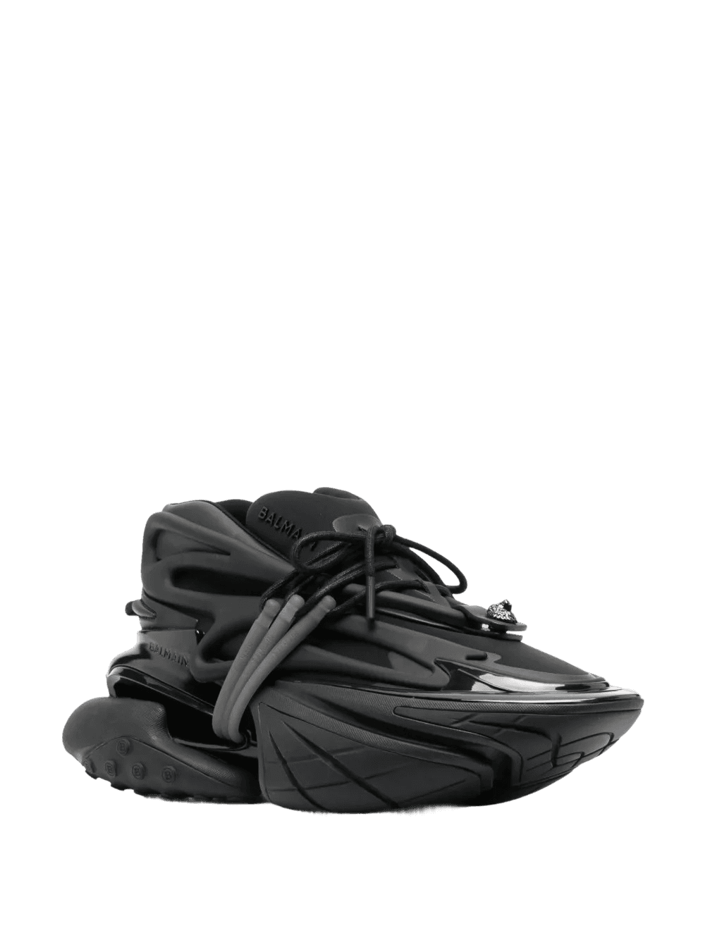 right side view of a pair of black clunky sneakers