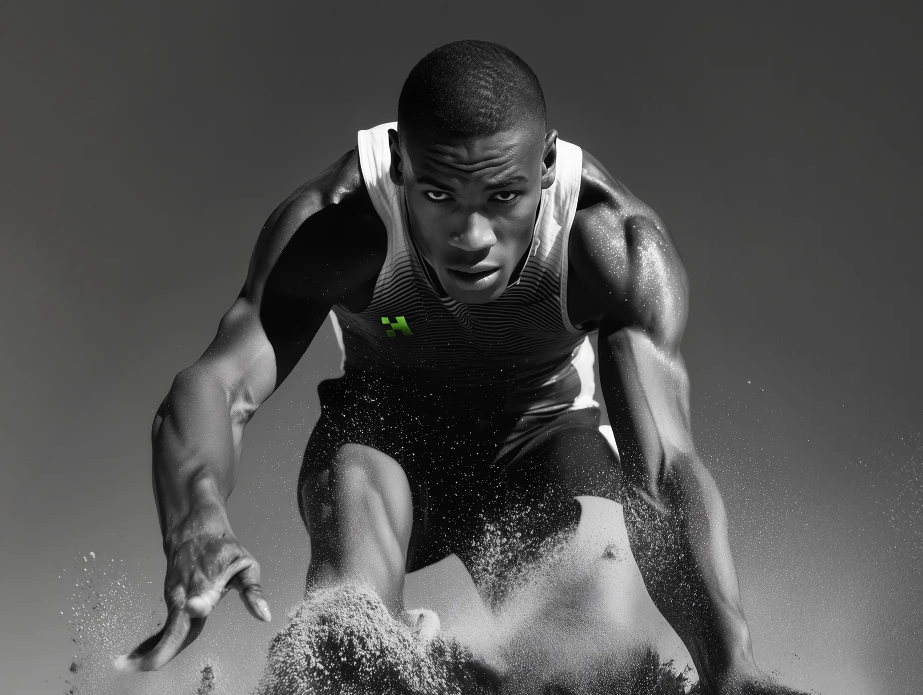 Black and white close-up action shot of an athlete launching forward through sand wearing Hyperdrive athletic wear.