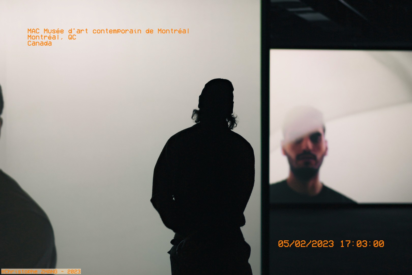 Silhouette d'un visiteur face à une installation vidéo au MAC de Montréal.