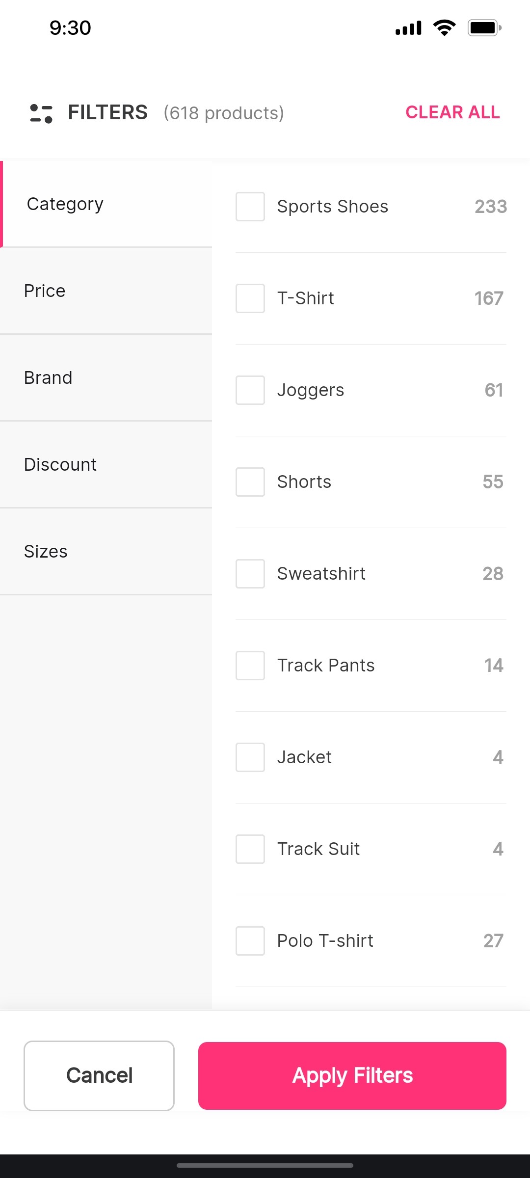 Cult.fit App Filter Screen