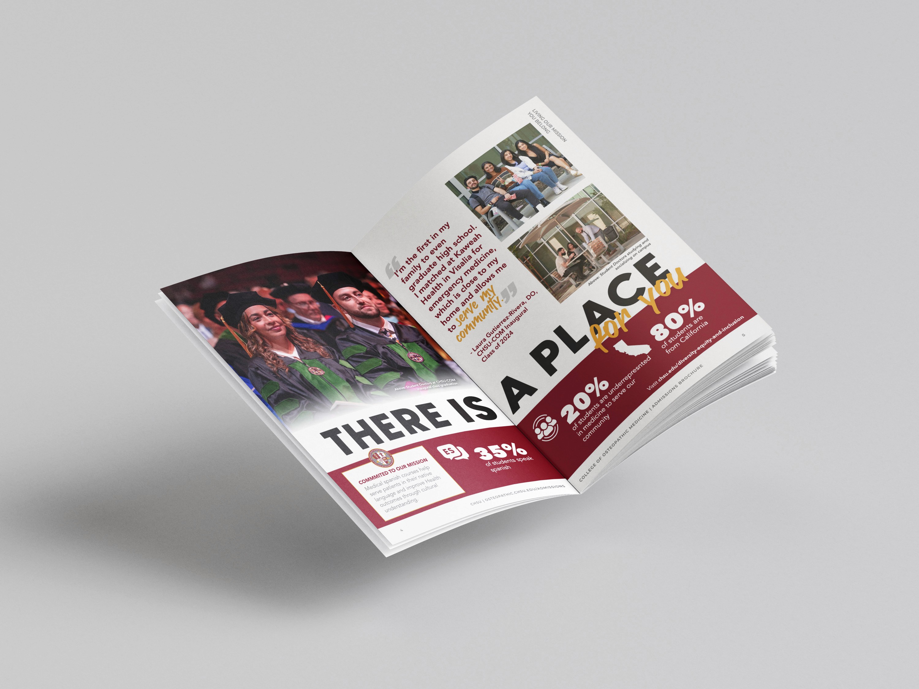 Interior spread and layout design for the California Health Sciences University admissions brochure.