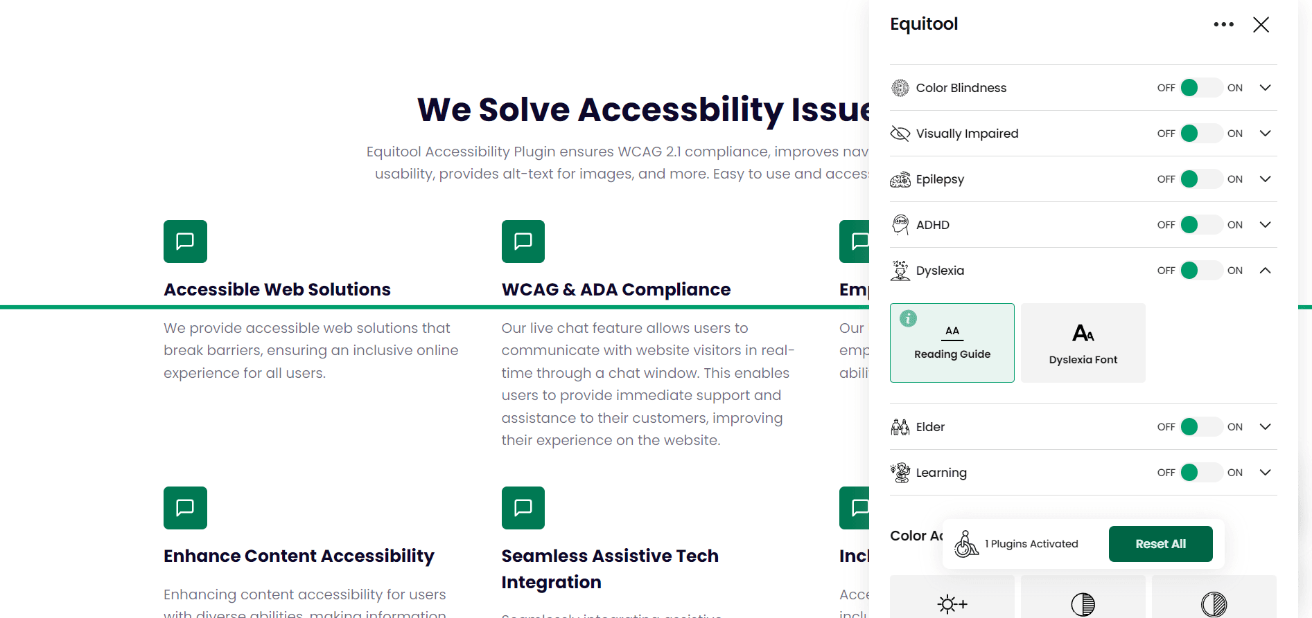 Result of activating reading guide plugin for people with dyslexia in equitool