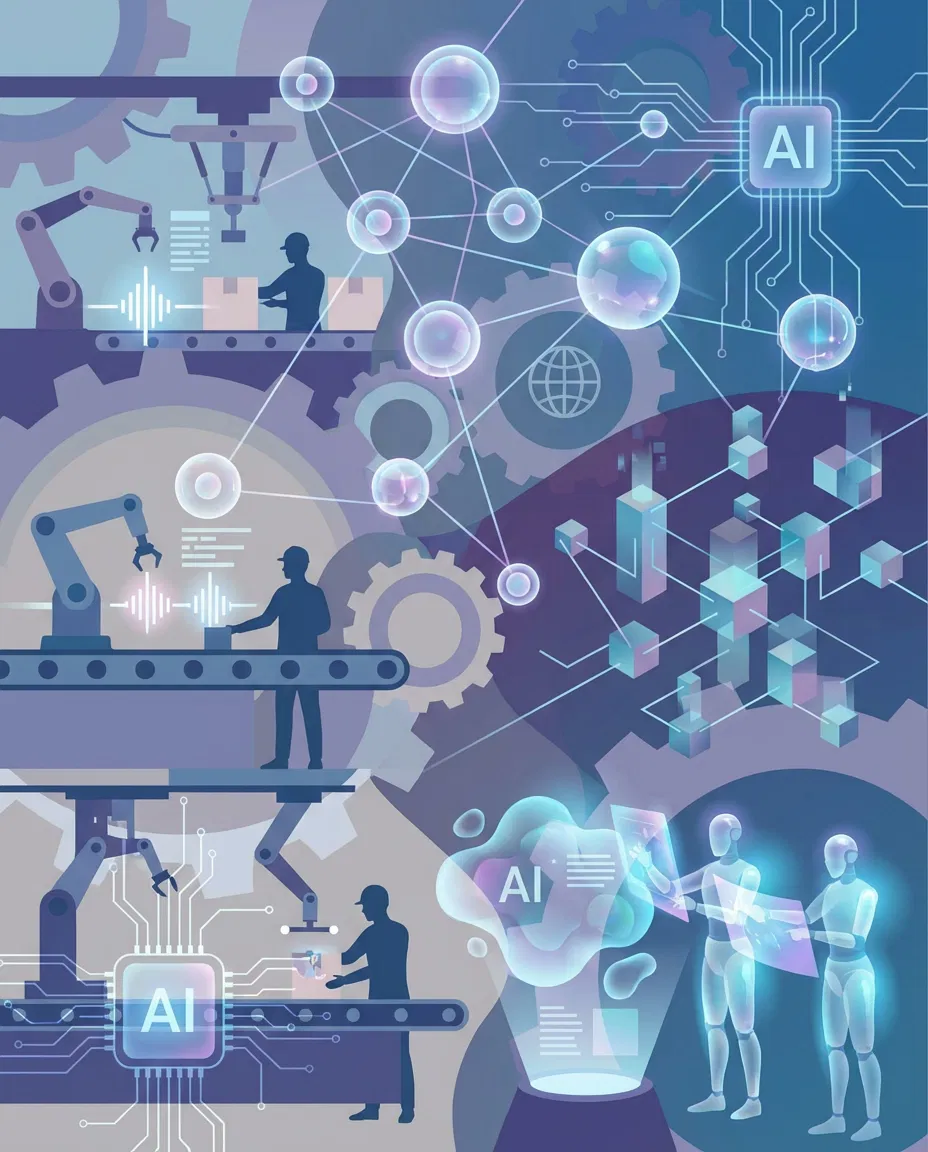 Conceptual illustration of AI interacting with human workers symbolizing automation and workforce transformation