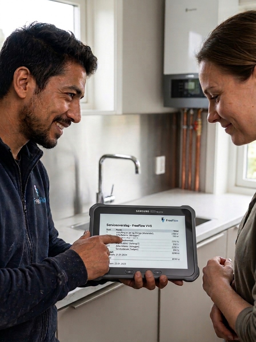 Plumber explaining a clear cost estimate and invoice on a digital tablet to a customer.