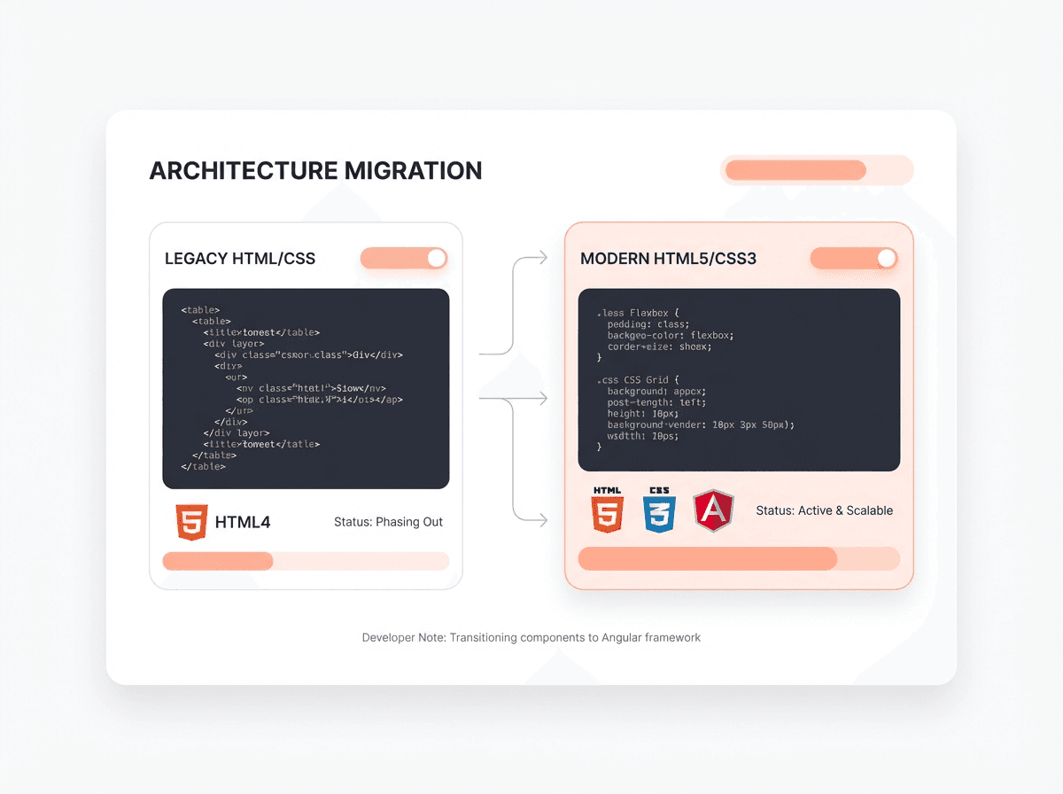 Modern SaaS dashboard showing a legacy HTML, CSS, and Angular frontend transitioning into a clean HTML5 and CSS3 architecture with improved structure and clarity.