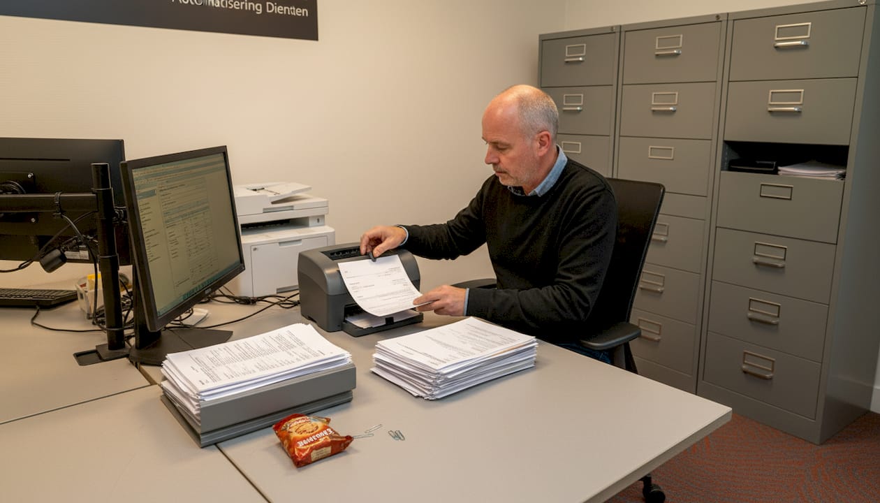 Op kantoor is de administrateur bezig met het scannen van facturen tijdens een werkdag.