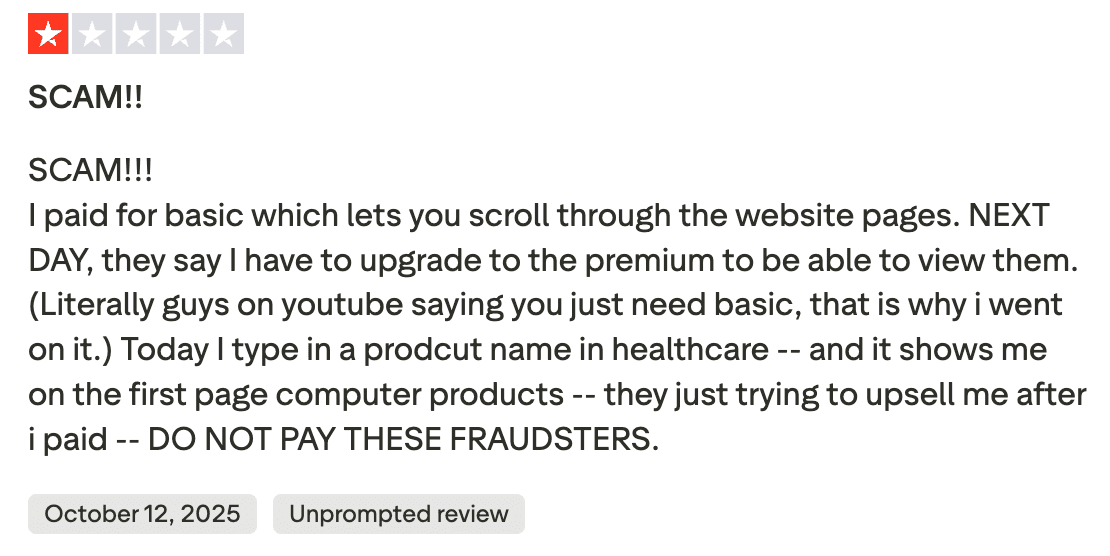 One-star review titled “SCAM!!!” claiming the basic plan is restricted and pushes users to upgrade