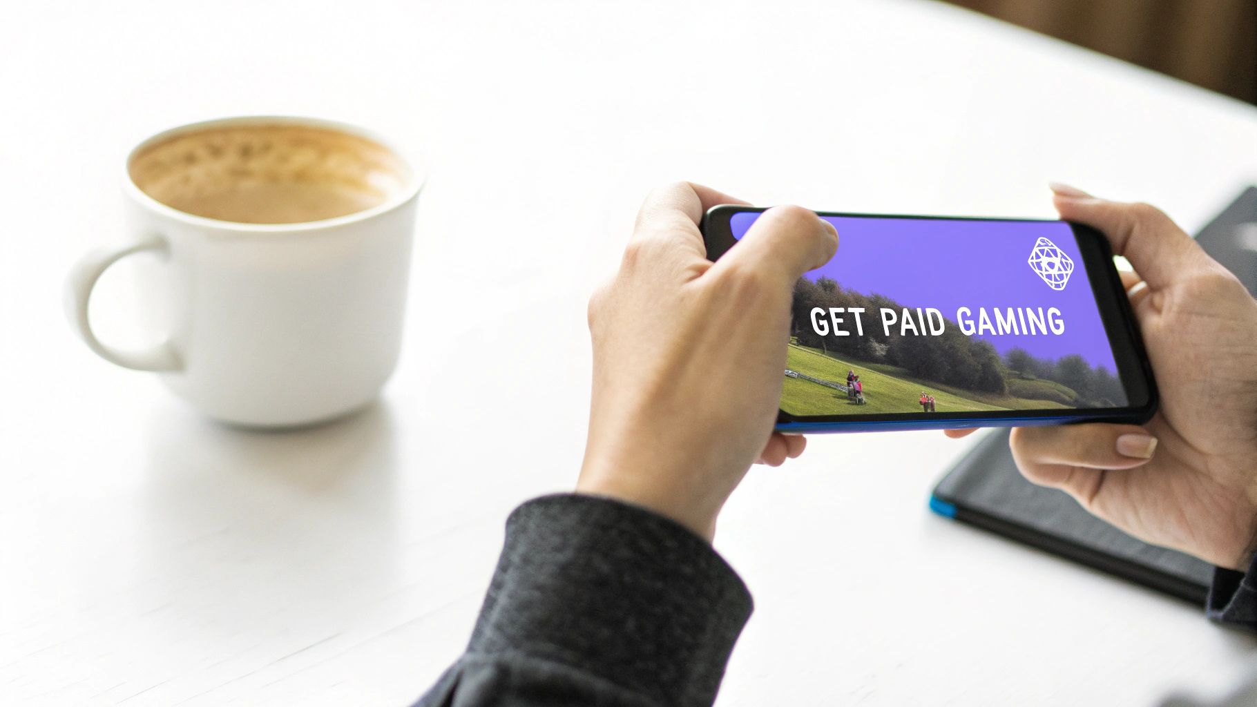 A person holds a smartphone displaying 'GET PAID GAMING' next to a coffee mug on a white table.