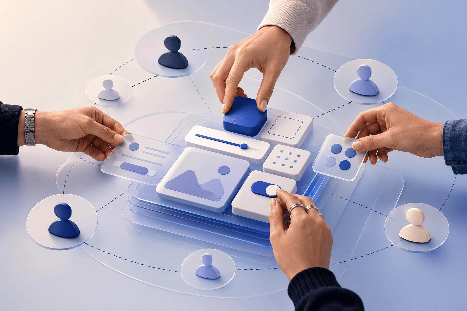 Hands collaboratively assembling modular UI components on a layered digital interface, representing design system adoption, collaboration, and contribution.