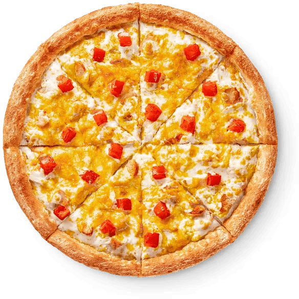 A round pizza topped with cheese, pineapple chunks, and red cherry tomatoes on a golden crust.