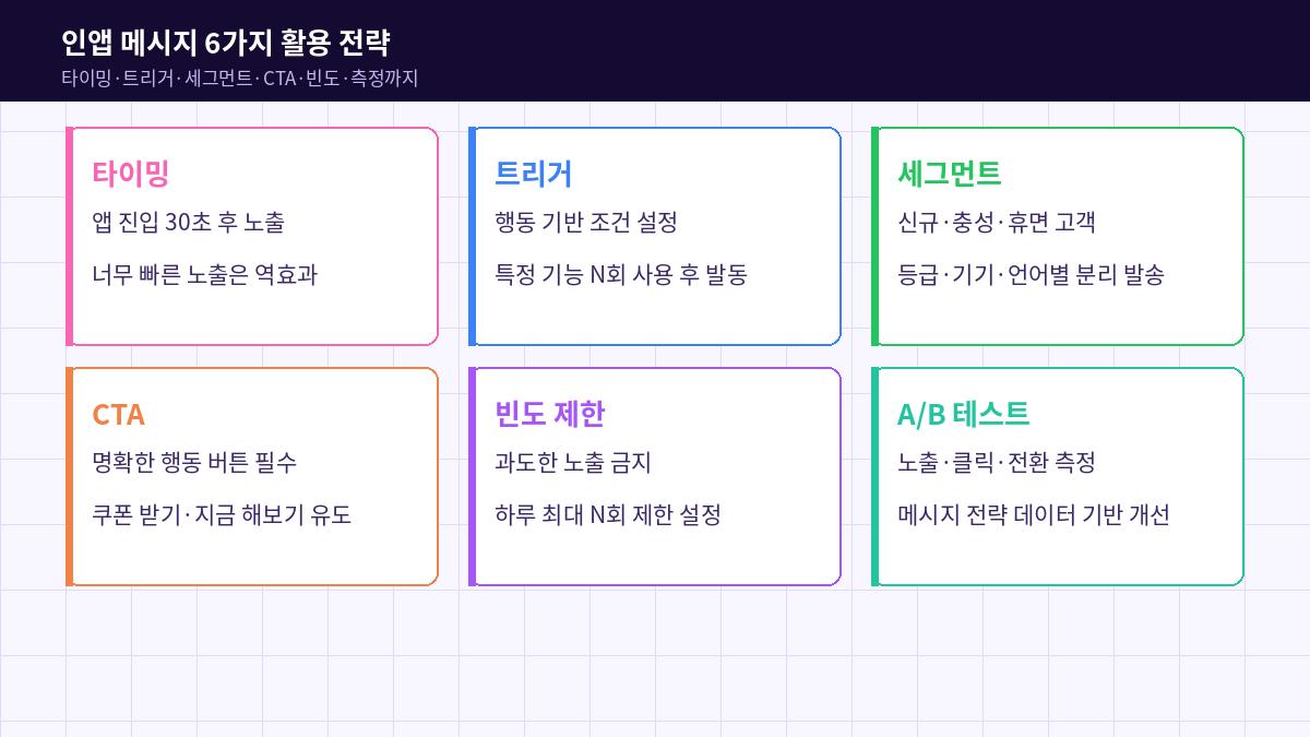 인앱 메시지 6가지 활용 전략 — 타이밍 트리거 세그먼트 CTA 빈도 A/B테스트