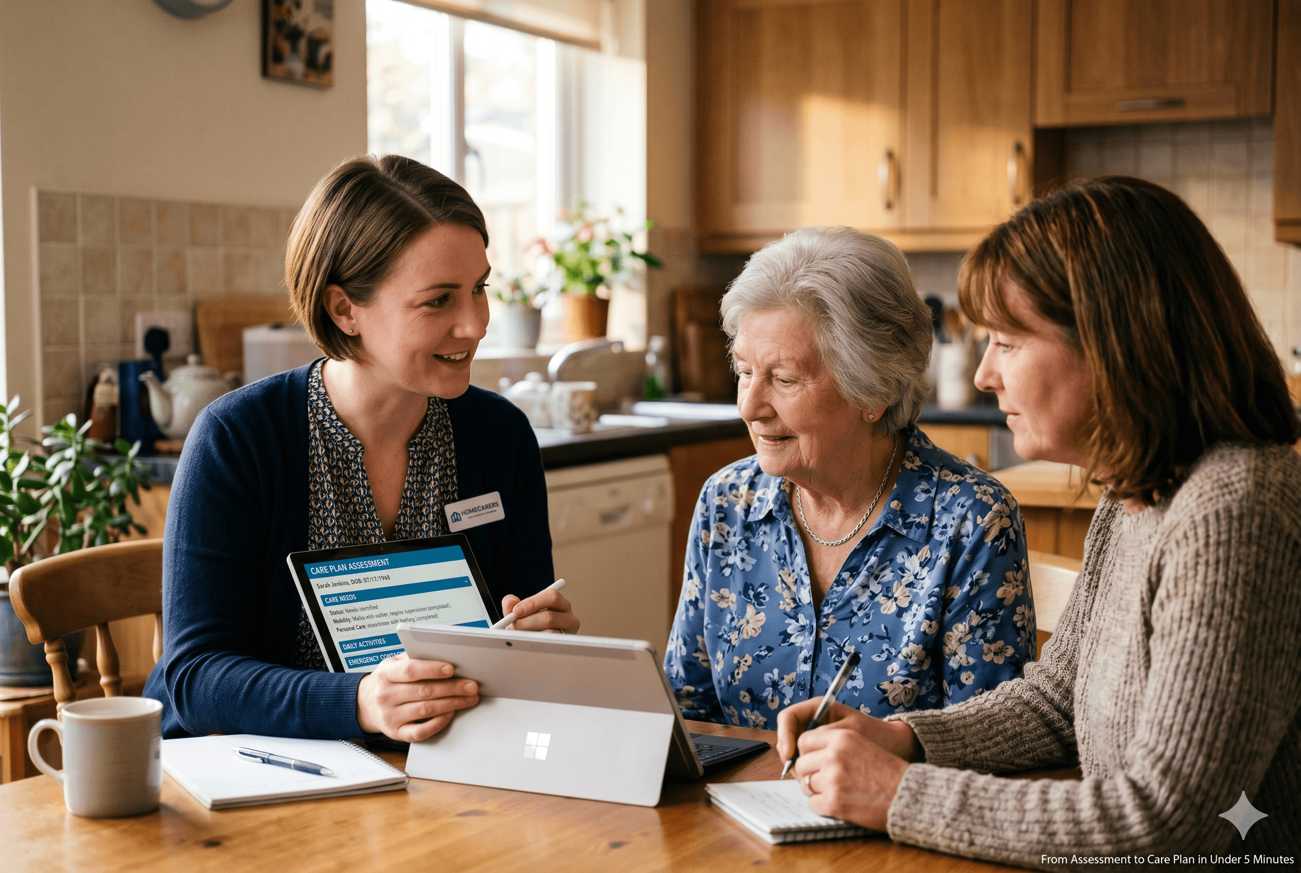 Home care coordinator reviewing an AI-generated care plan on a tablet during a client assessment