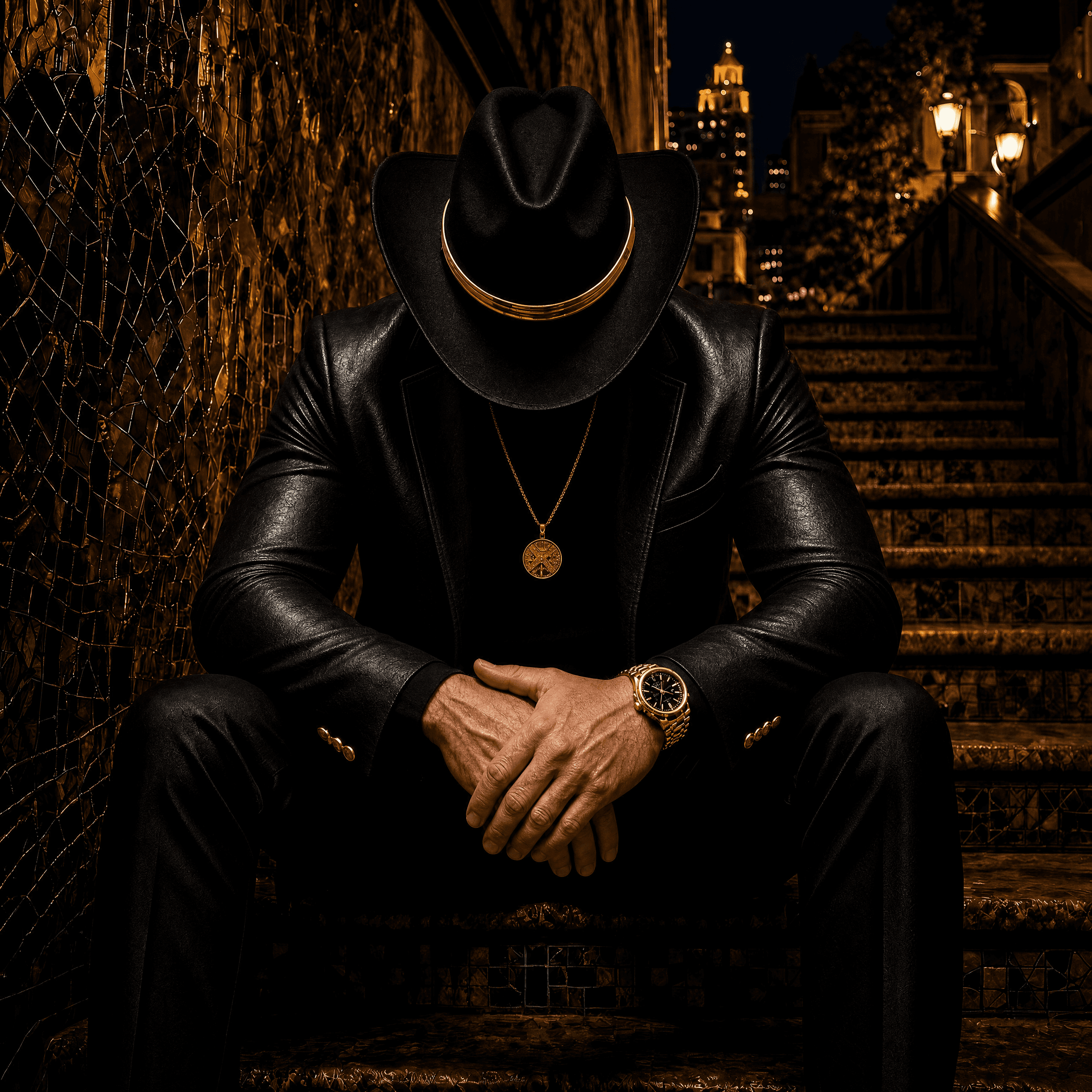 Papi Turco seated in black and gold on city steps