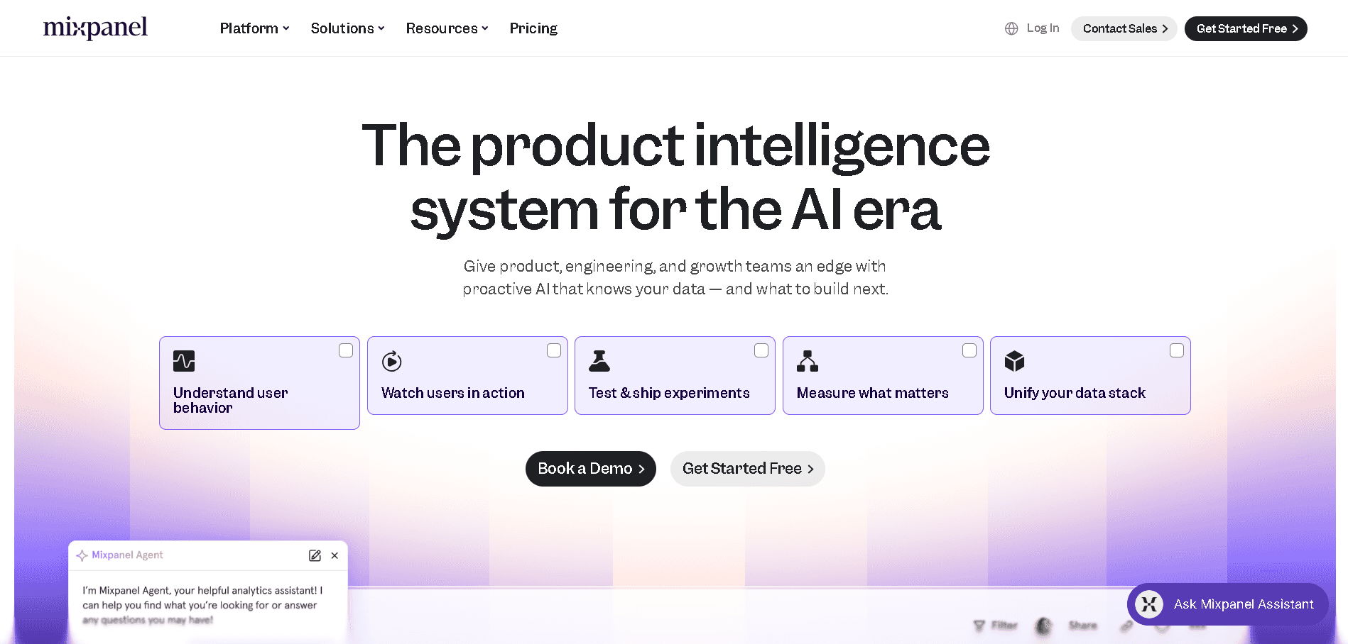 Mixpanel product analytics platform interface showcasing product intelligence, user behavior analysis, experimentation, funnel tracking, and conversion analytics.