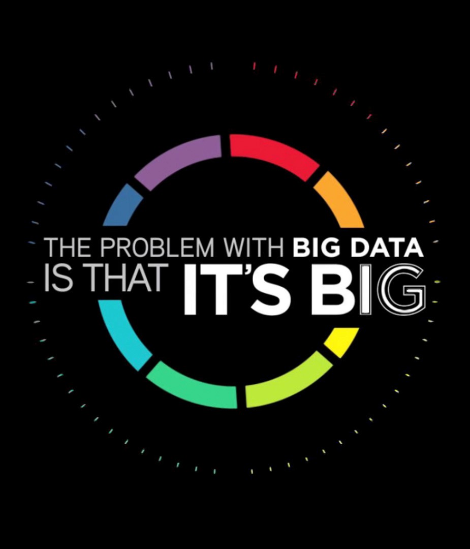 Colorful circular infographic illustrating the concept that the problem with big data is its overwhelming size, designed to communicate big data challenges through clear visual storytelling.