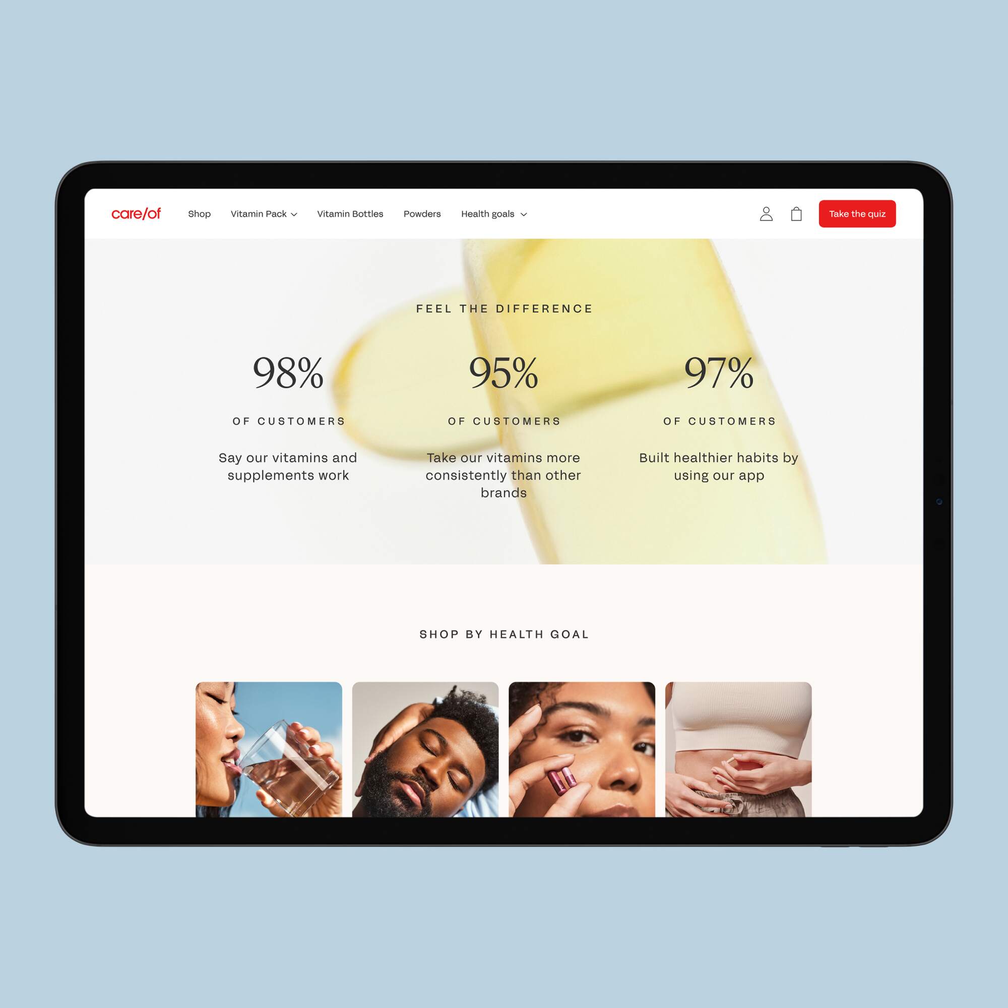Tablet screen displaying Care/of website statistics with high customer satisfaction percentages and images of people using Care/of products.