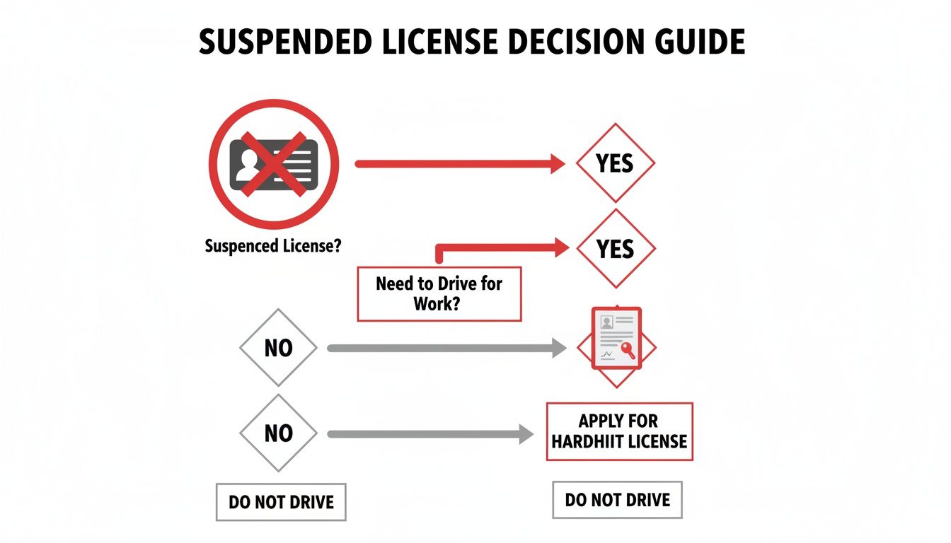 Flowchart for suspended license decisions, including work driving needs and applying for a hardship license.