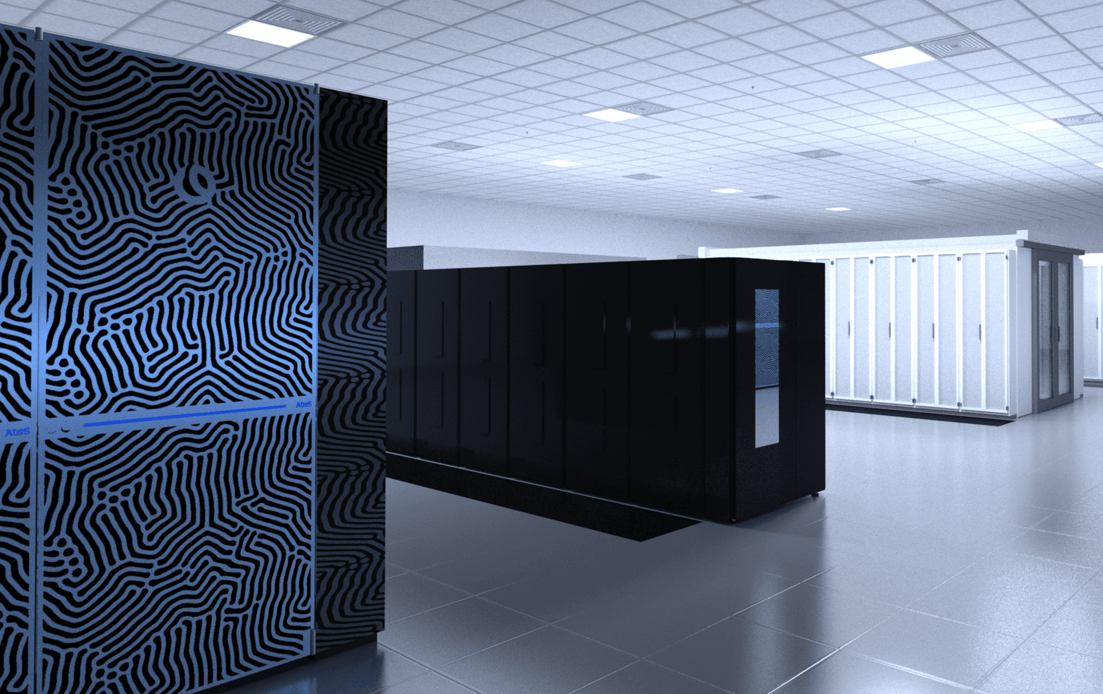 Ray trace showing supercomputer and tape library.