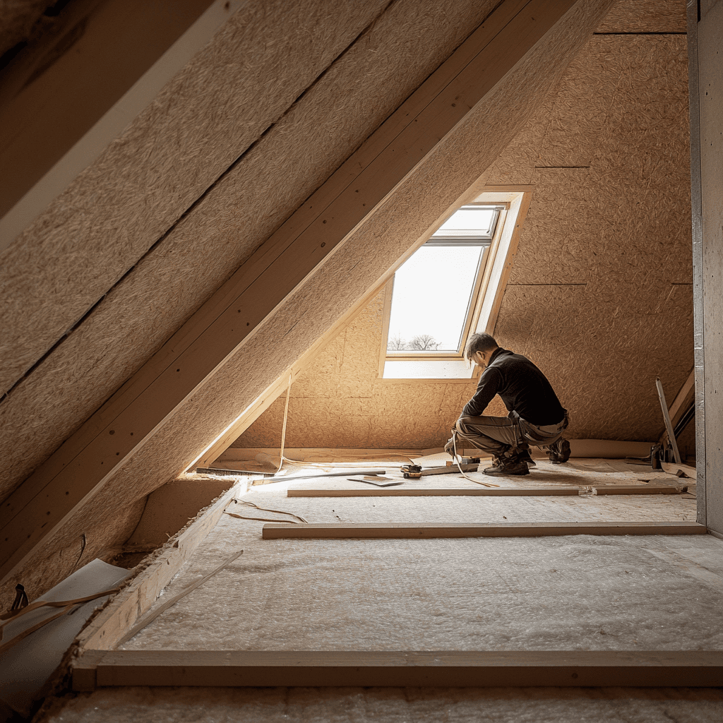 Dachdämmung wird von einem Handwerker erneuert um Heizkosten zu senken