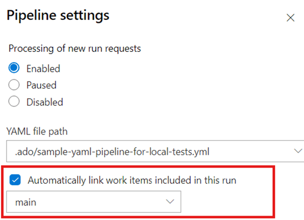 Pipeline settings pane with the automatic work item linking checkbox enabled for the main branch