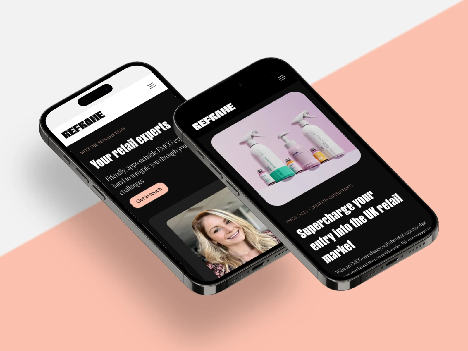 Reframe Brands website design phone screens mockup