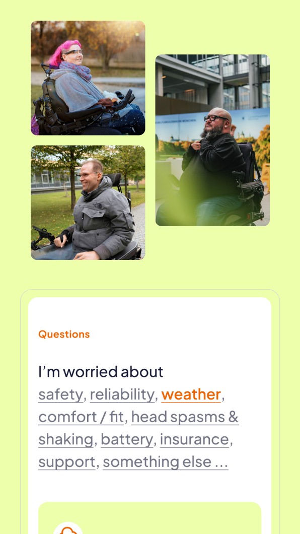 The image features three individuals using munevo smart glasses, each in a motorized wheelchair, showcasing the diversity of users. Below the images, there's a list of common concerns potential users might have, including safety, reliability, weather resistance, comfort, head movements, battery life, insurance, and support. This suggests the image is part of promotional material addressing frequently asked questions about the product.