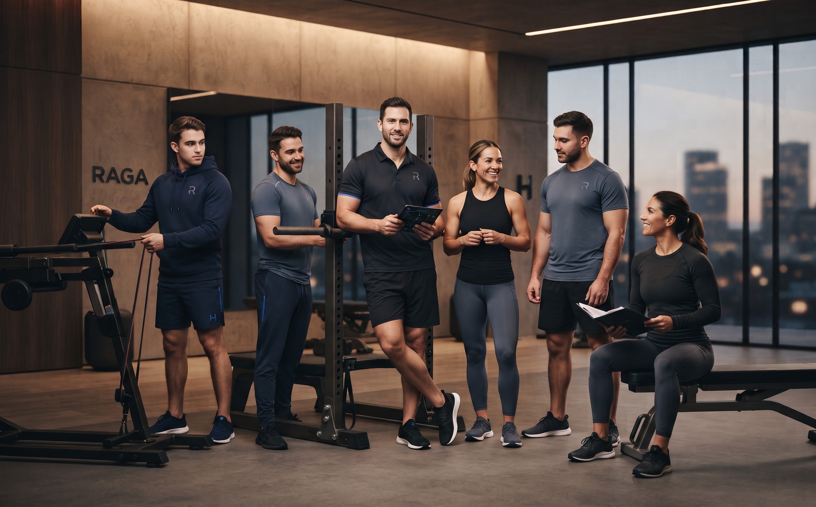 Group portrait of the Hynergy fitness coaching team posing together with workout equipment in a modern gym setting.