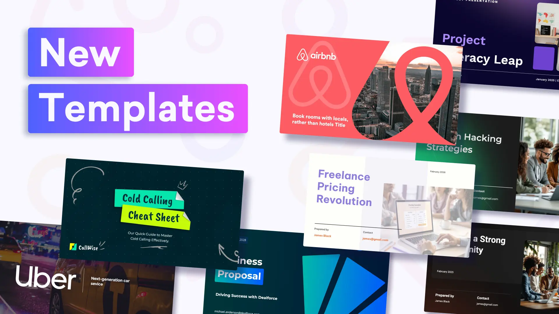 A showcase of multiple modern slide templates from Decktopus, each designed for various presentation topics and use cases.