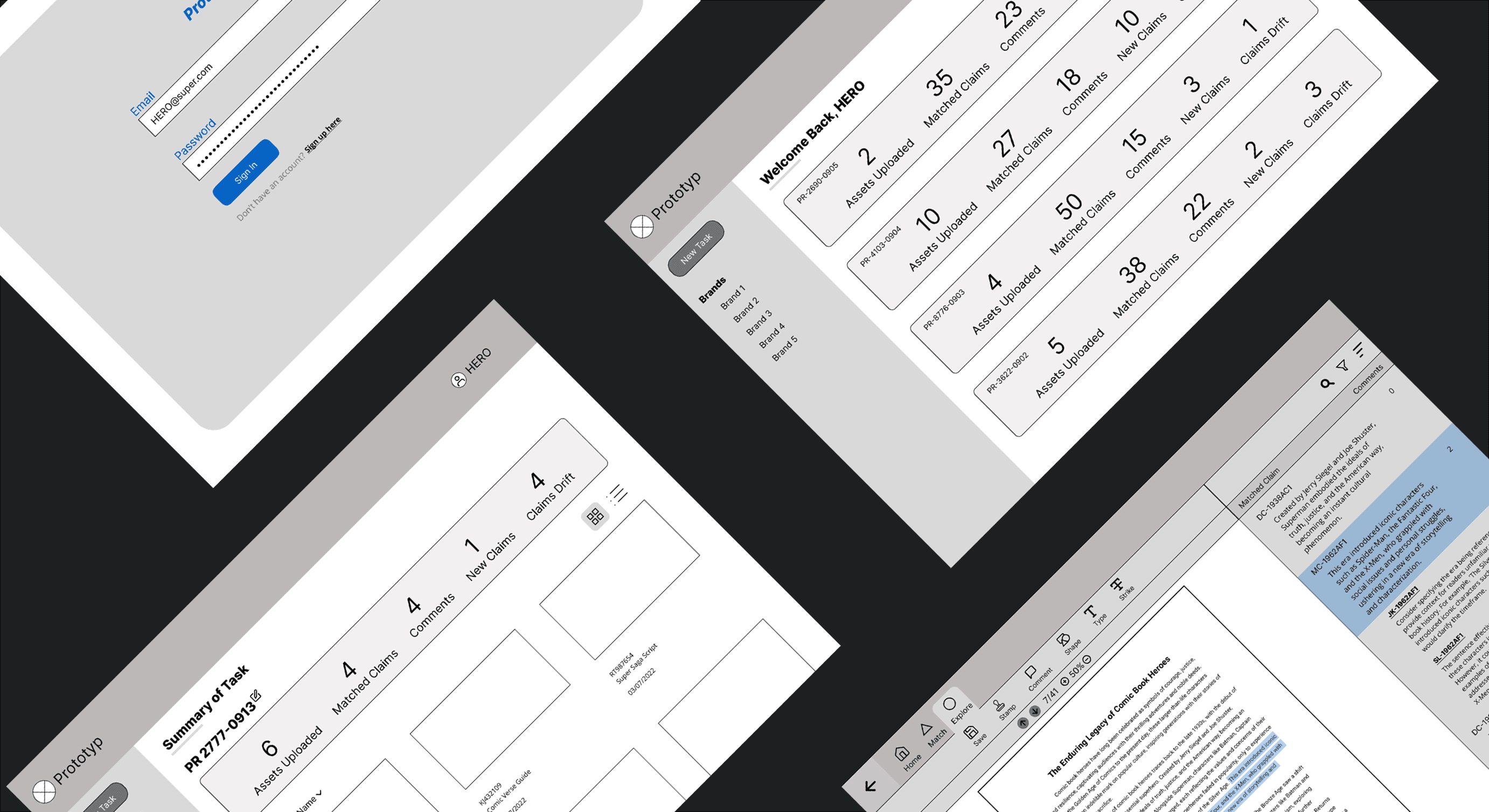 Prototyp AI/ML interface displaying automated document review and user research workflow