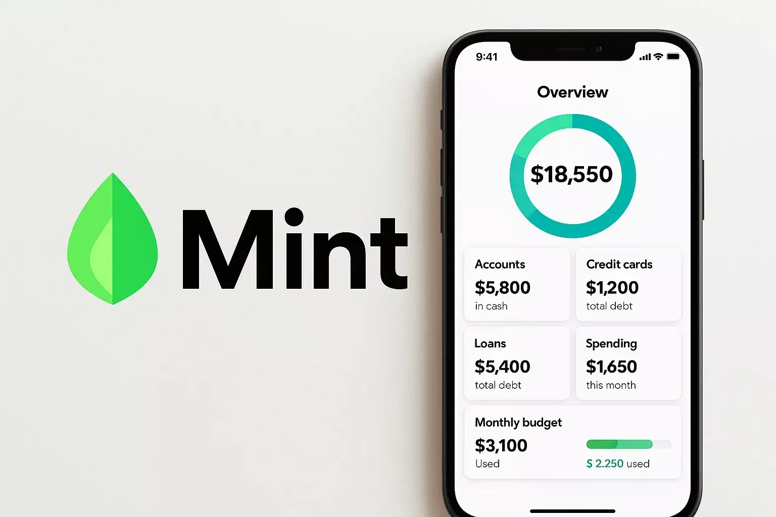 Mint iPhone UI mock with Mint logo.