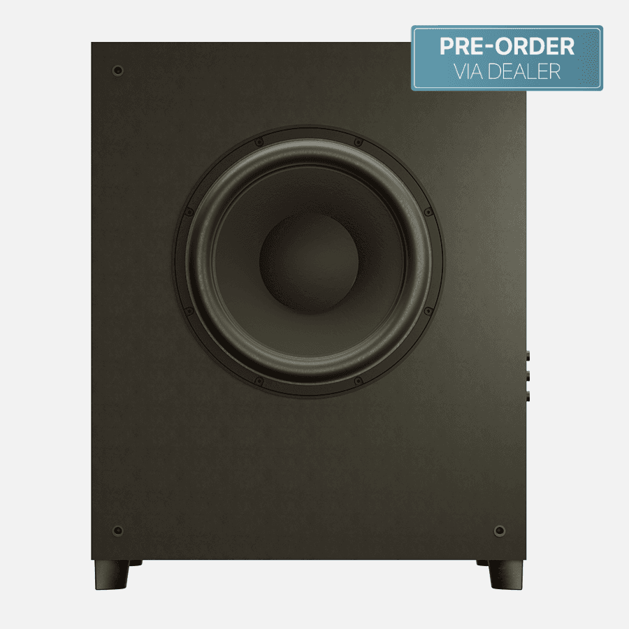 Black subwoofer with "PRE-ORDER VIA DEALER" badge