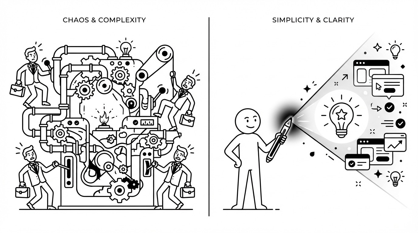 A comparison diagram showing an overly complex, bloated machine operated by many people versus a simple, efficient tool operated by one person.