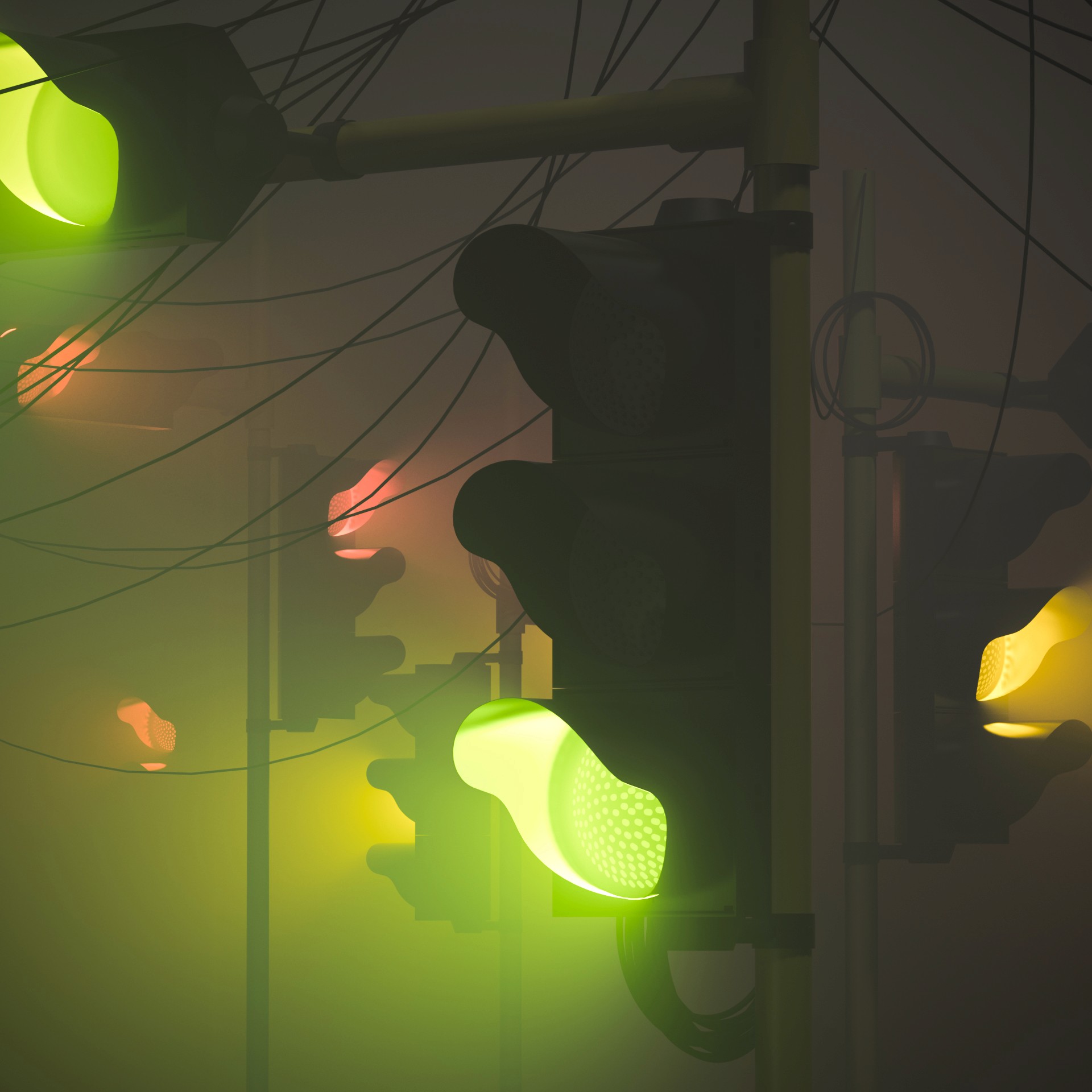Several traffic lights glowing green in a foggy environment with overhead wires